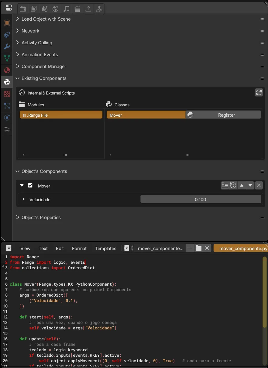 Componente Mover registrado no objeto, com o campo Velocidade, e o código no editor de texto